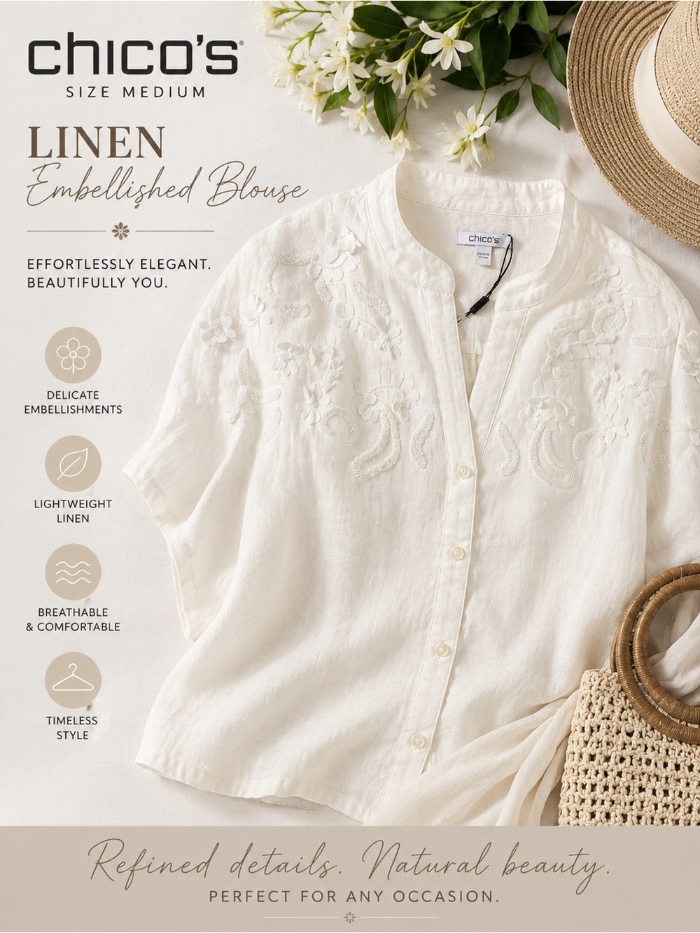 Chico's White Linen Embellished Button-Front Blouse.  Size 2 = 12/14